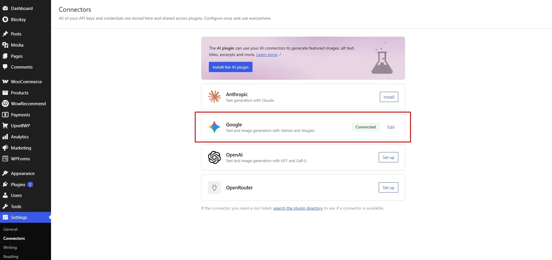 Step 2: Connect an AI Provider in WordPress Settings Connect an AI Provider