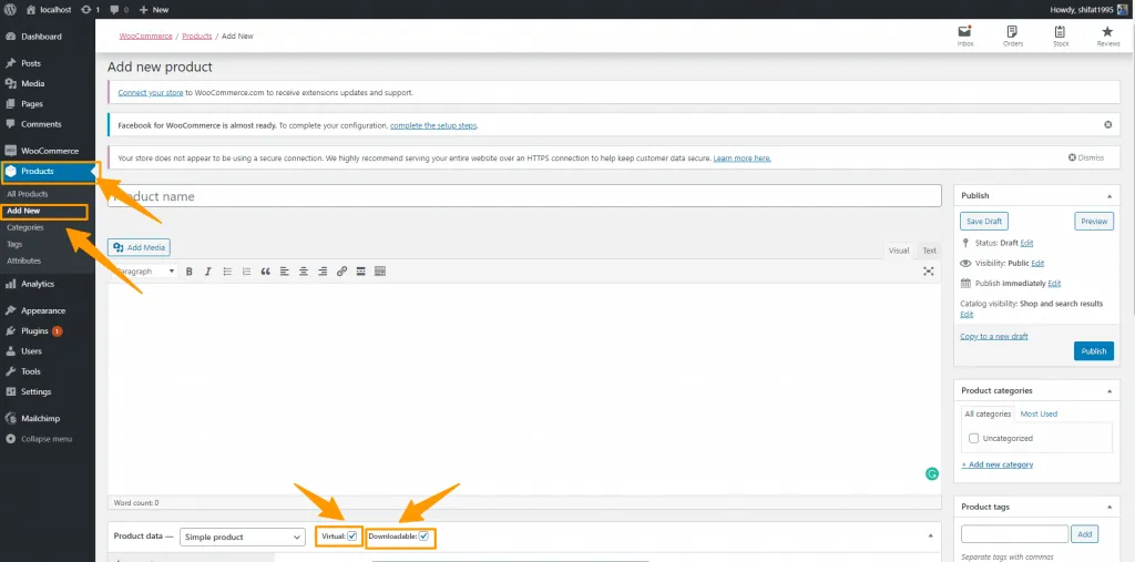How to Sell Your Digital Product with WooCommerce Add New Product ‹ Localhost — WordPress.png2 1024x507