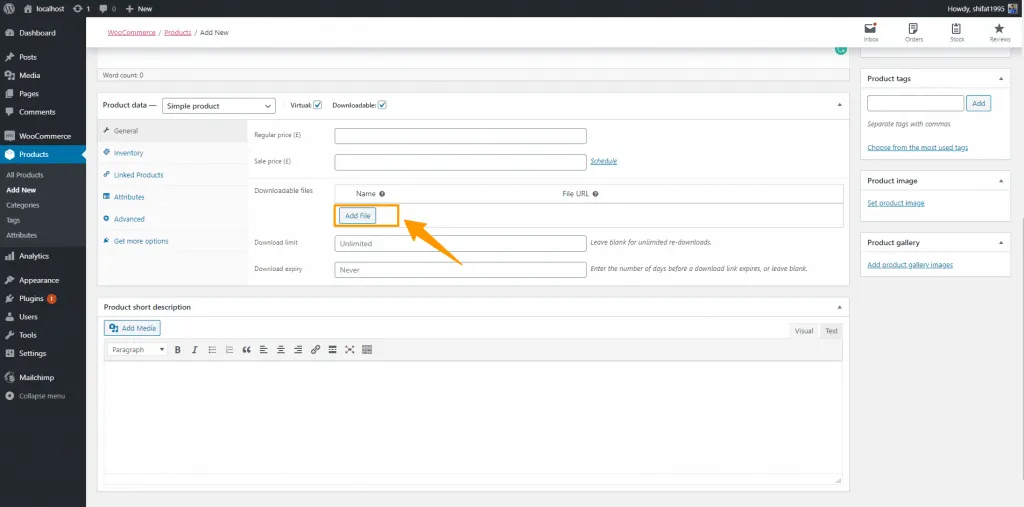 How to Sell Your Digital Product with WooCommerce Add New Product ‹ Localhost — WordPress.png3 1024x507