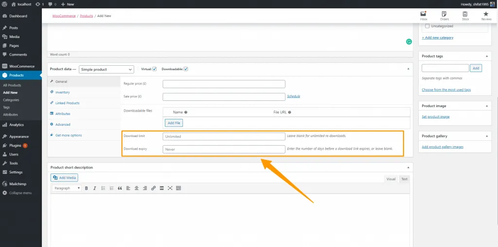 How to Sell Your Digital Product with WooCommerce Add New Product ‹ Localhost — WordPress.png4 1024x507