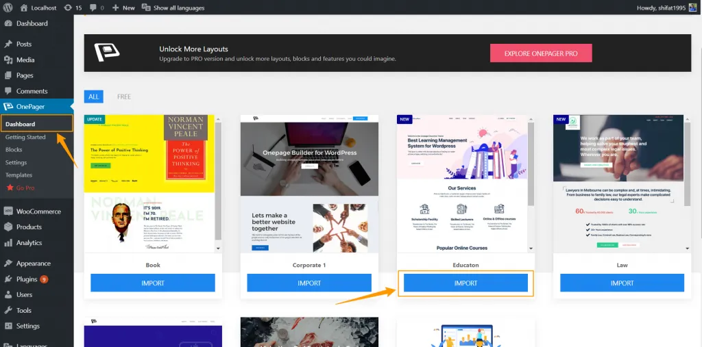 How to Create a Multilingual WordPress Website with WPOnepager Dashboard ‹ Localhost — WordPress 1024x507