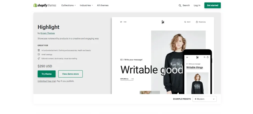 10 Best Free Shopify Themes of 2023 Highlight Theme Modern Ecommerce Website Template 1024x463