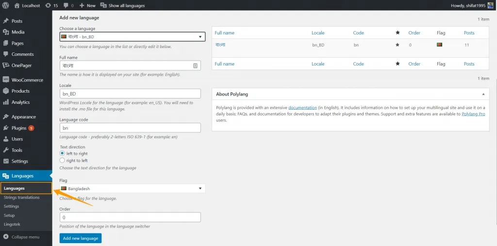 How to Create a Multilingual WordPress Website with WPOnepager Languages ‹ Localhost — WordPress 1 1 1024x507