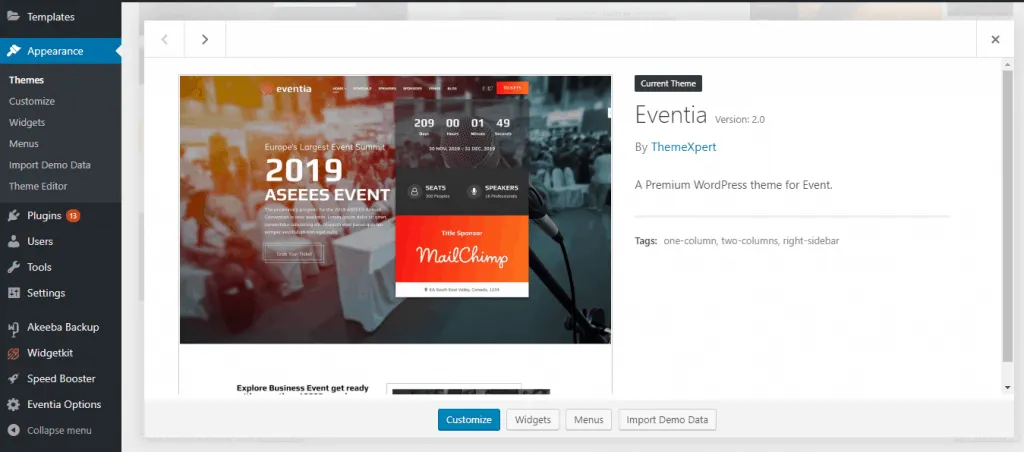 How to Convert PSD to WordPress Using Elementor & WidgetKit Manage Themes ‹ Eventia — WordPress 1024x452