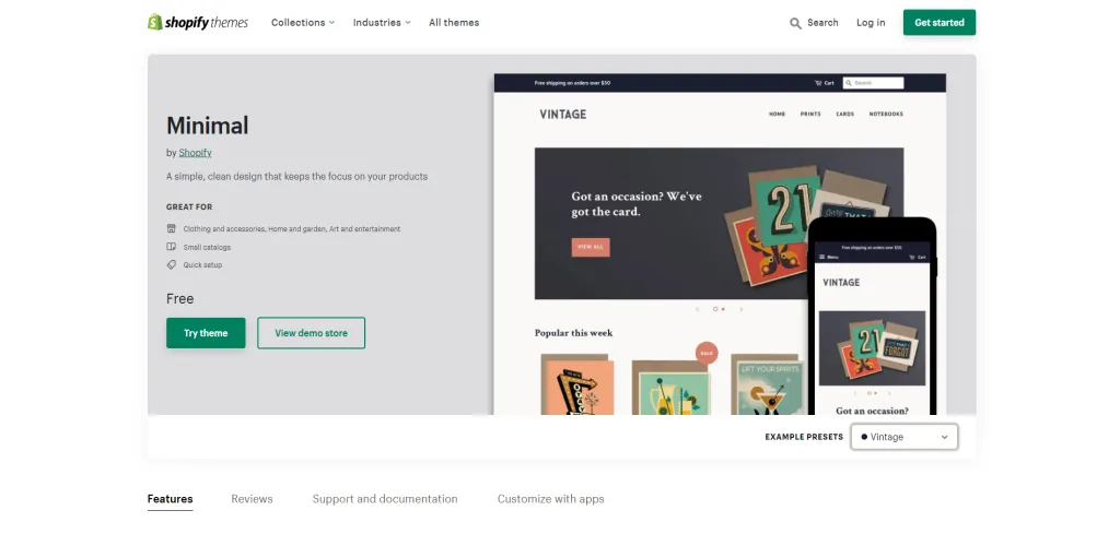 10 Best Free Shopify Themes of 2023 Minimal Theme Vintage Ecommerce Website Template 1024x489