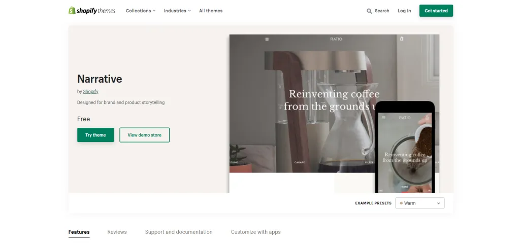 10 Best Free Shopify Themes of 2023 Narrative Theme Warm Ecommerce Website Template 1024x489