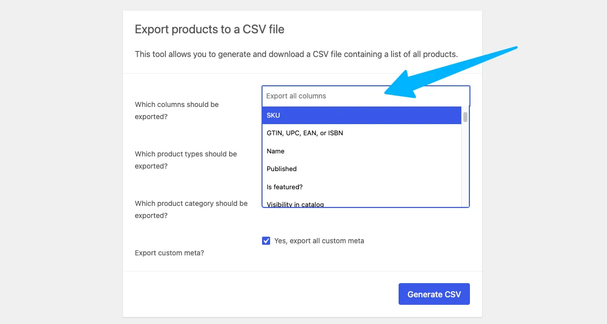 Export columns selection WooCommerce export columns selection screen