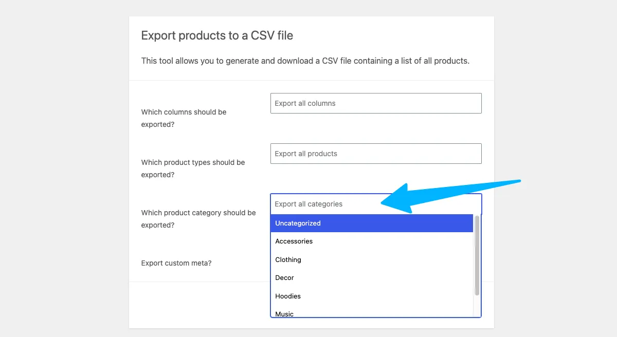 Product category selection for export WooCommerce product category selection for export