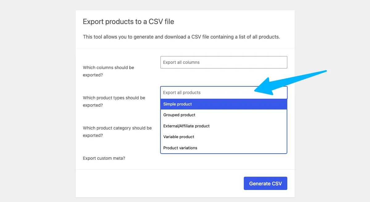 Product types selection for export WooCommerce product types selection for export
