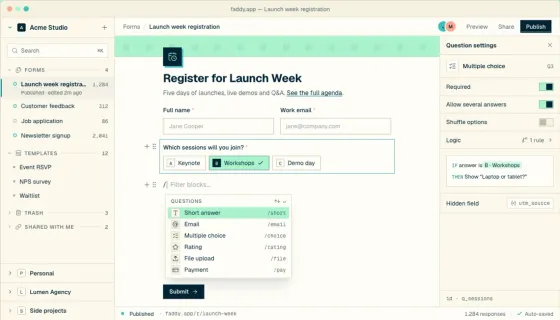 Faddy form editor with a registration form and question settings