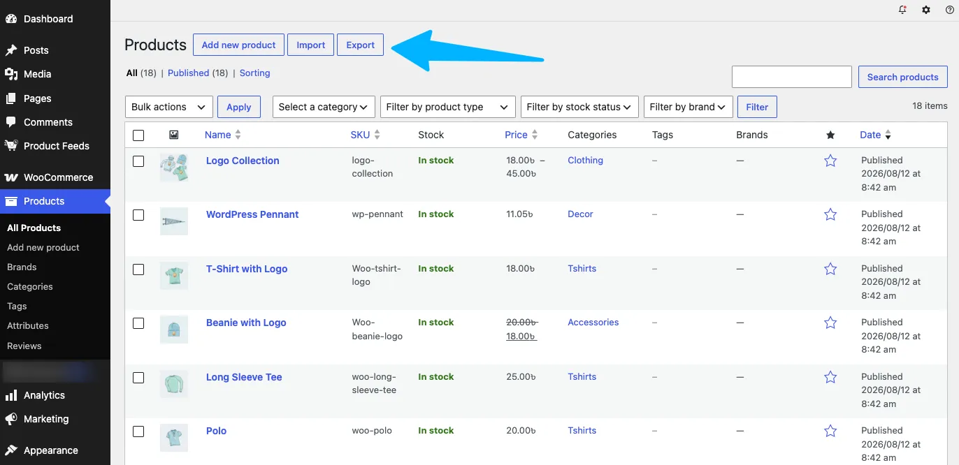 Import/Export button above the product list Import and Export button above the product list