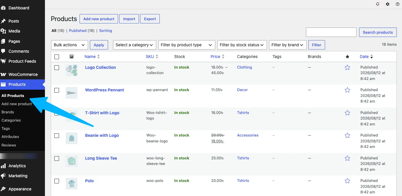 Go to Products > All Products Navigate to Products > All Products in WordPress dashboard