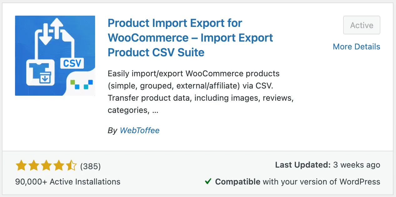 Installing Product Import Export for WooCommerce plugin from the WordPress plugin directory