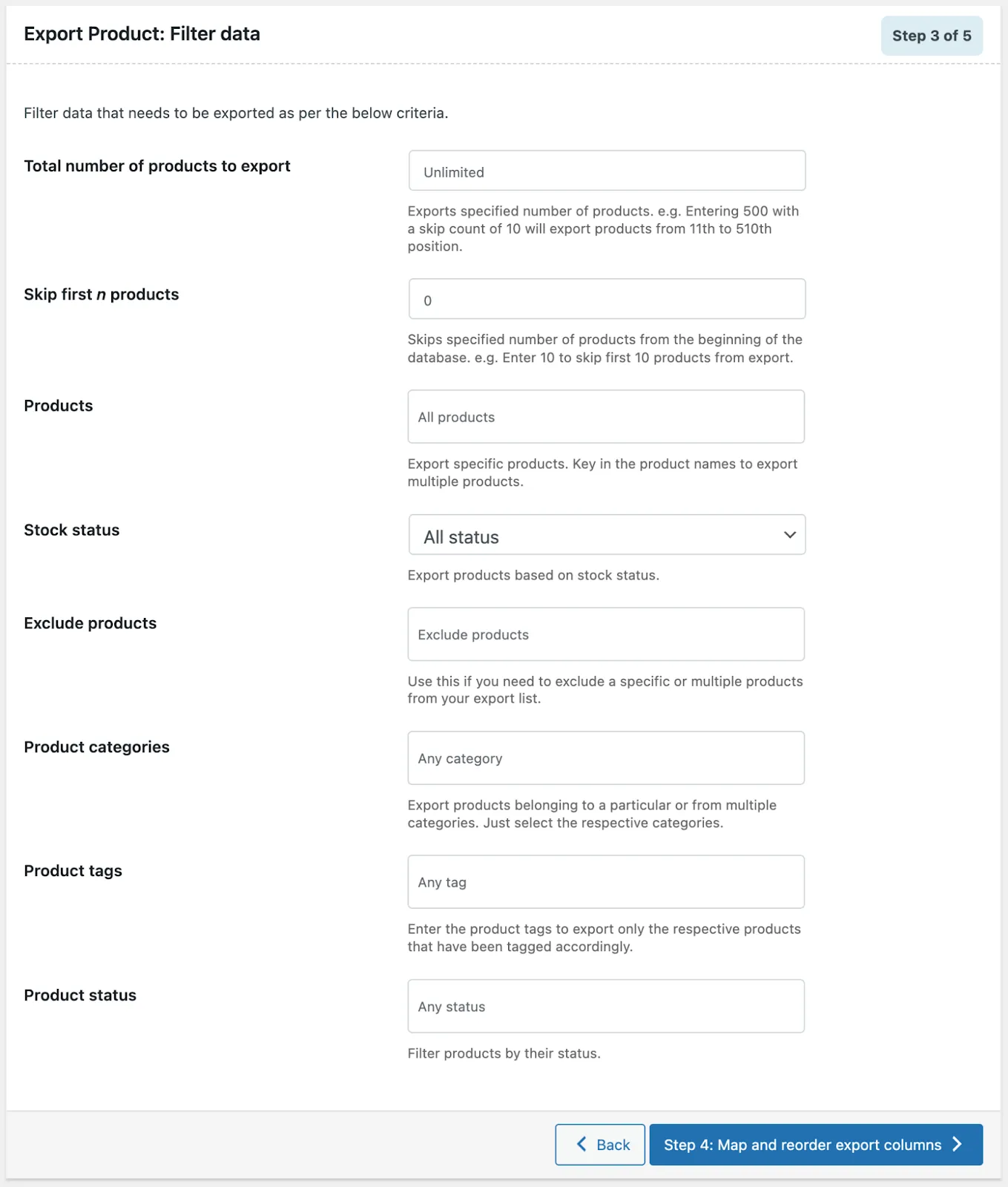 Filter options for selecting which WooCommerce products to export