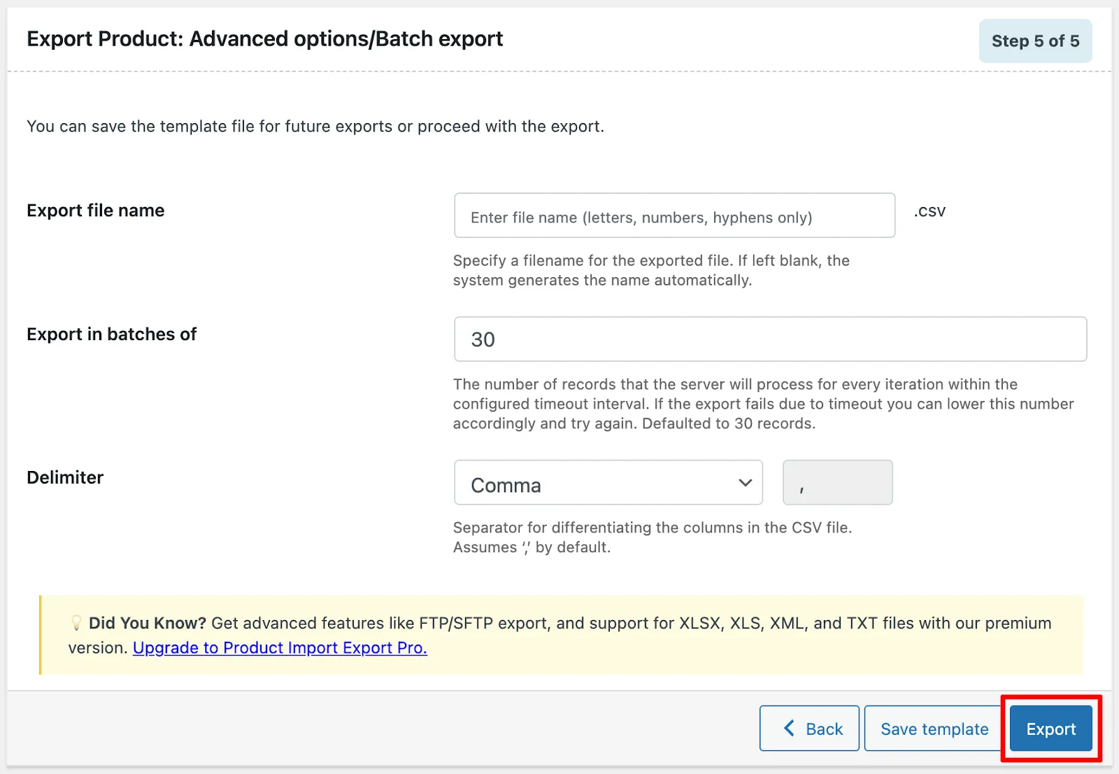 Advanced export options and the Download File button after export completes