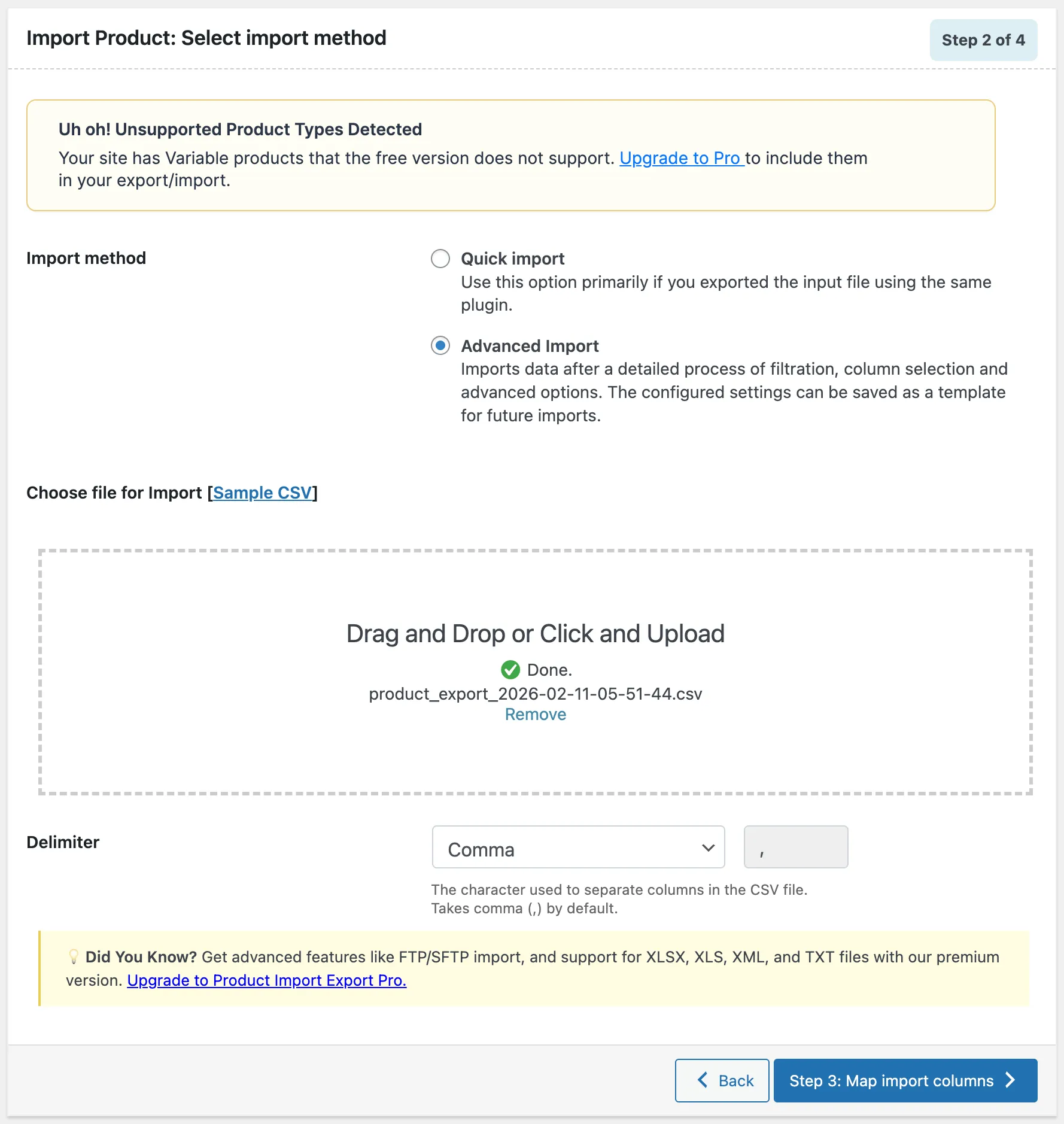 Map and reorder import columns screen with CSV fields matched to WooCommerce product fields