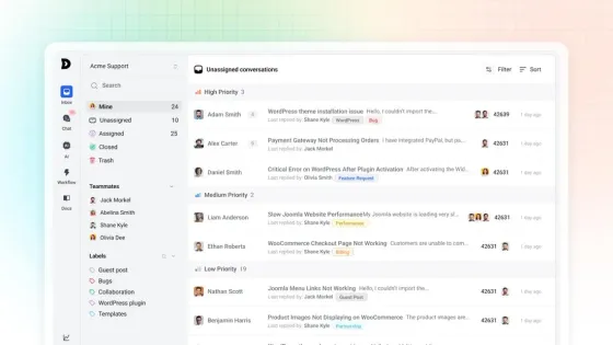 ThriveDesk shared inbox showing prioritized support conversations