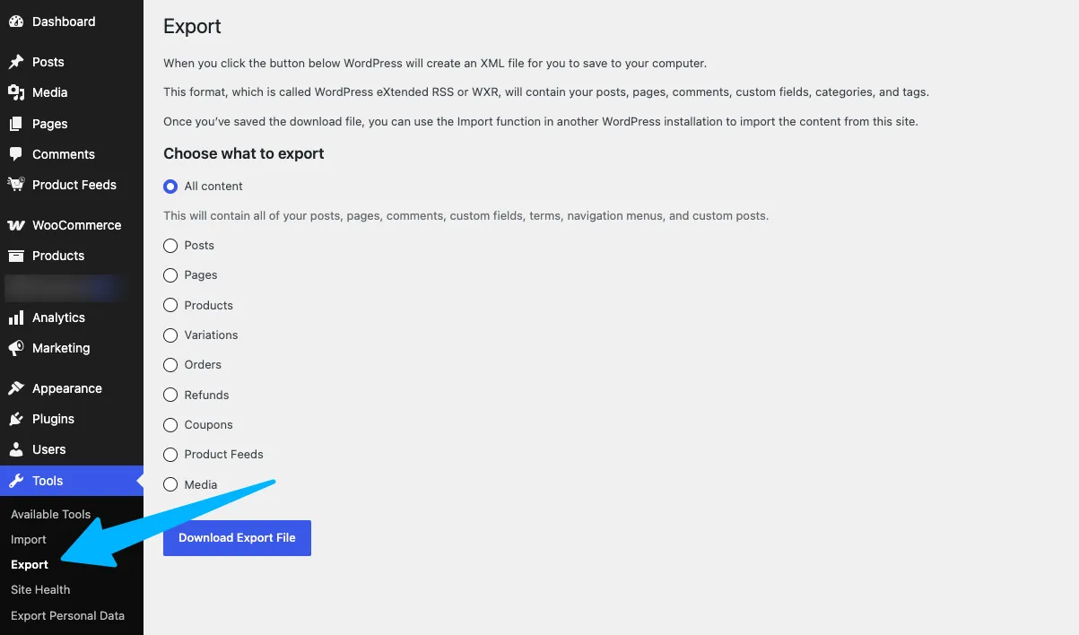 Go to Tools > Export in WordPress WordPress Tools > Export page