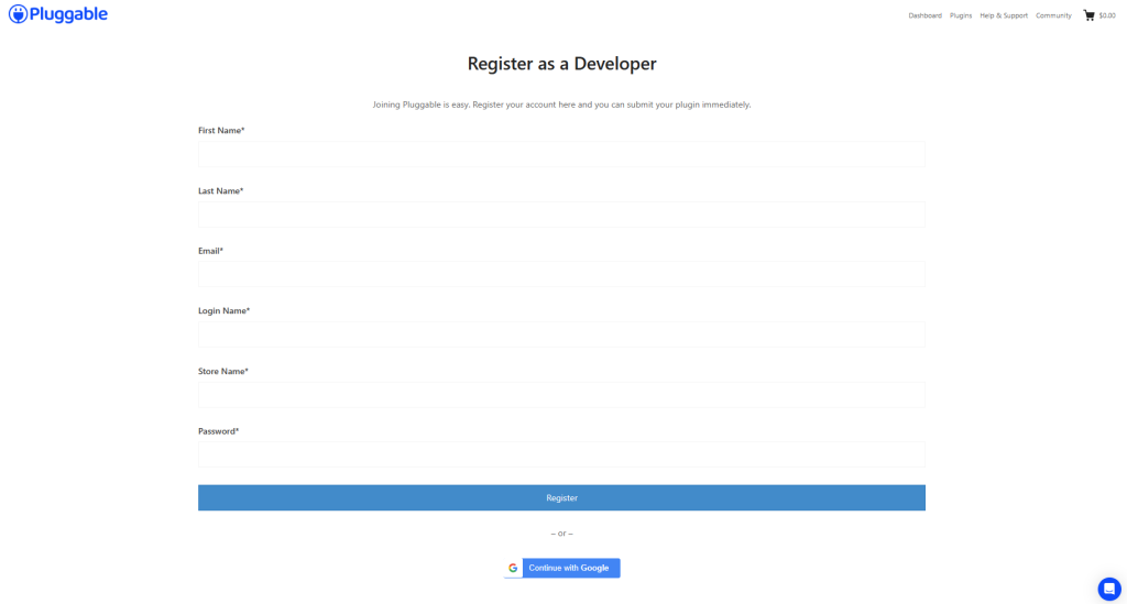 Sign up as a developer on Pluggable